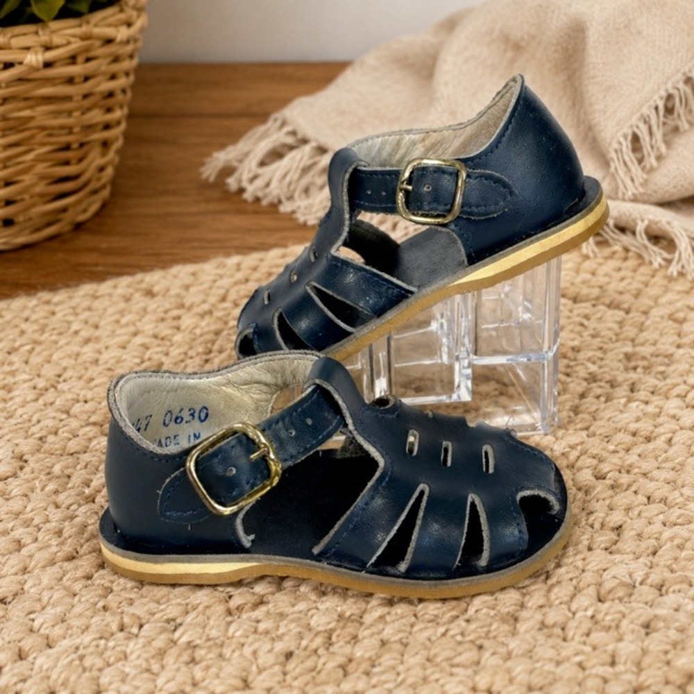 Vintage Infant Fisherman Sandals Navy Blue Leather USA Size 3 Baby Shoes